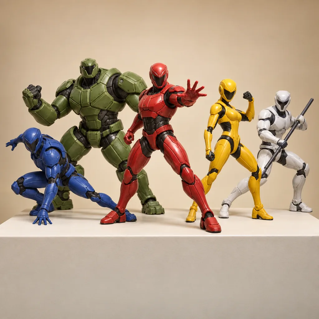 Illustration of colorful posable action figures arranged for play