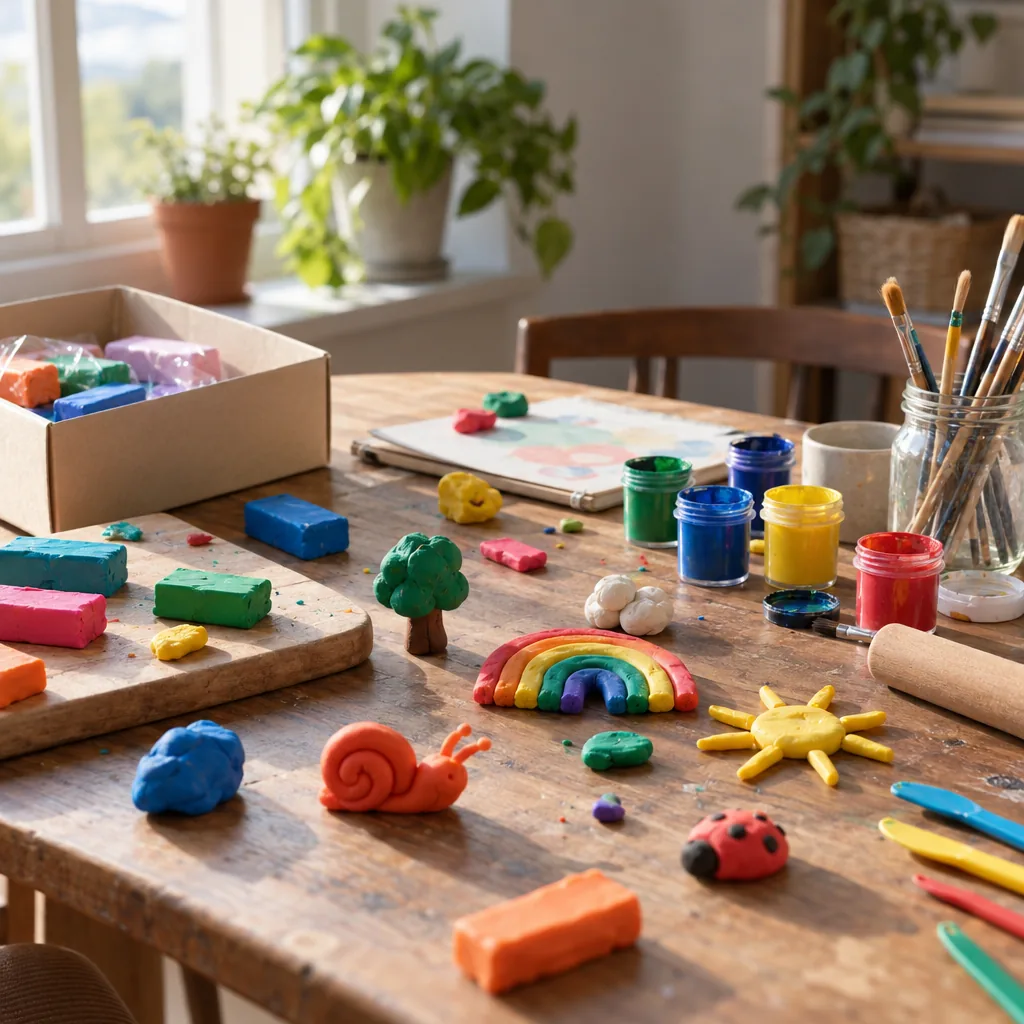 Illustration of craft supplies, paint pots and paper on a play table