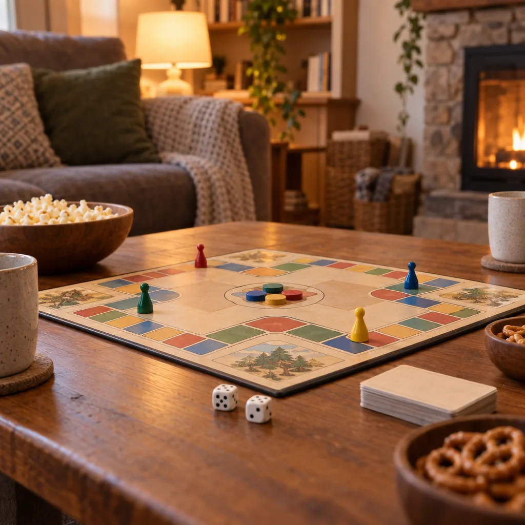 Illustration of a board game and jigsaw puzzle pieces on a table