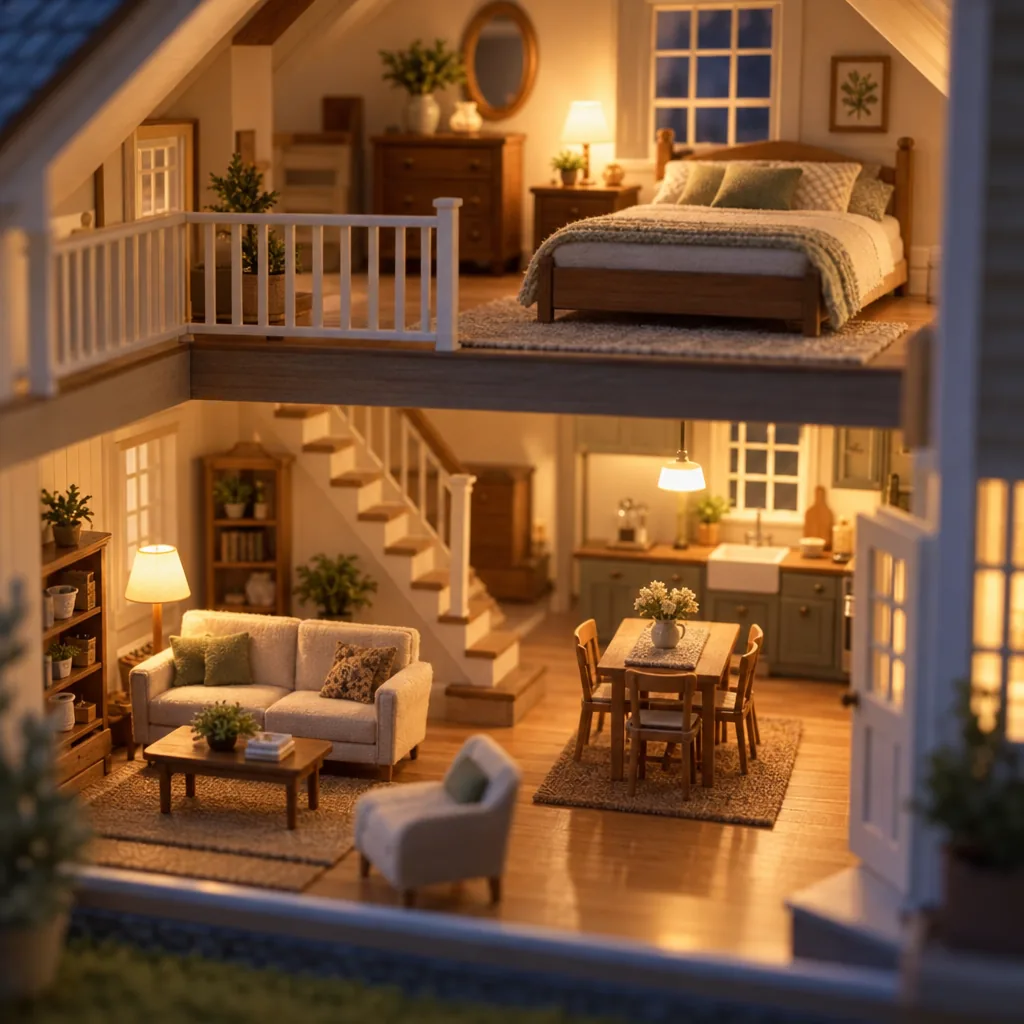 Illustration of a dollhouse with miniature furniture