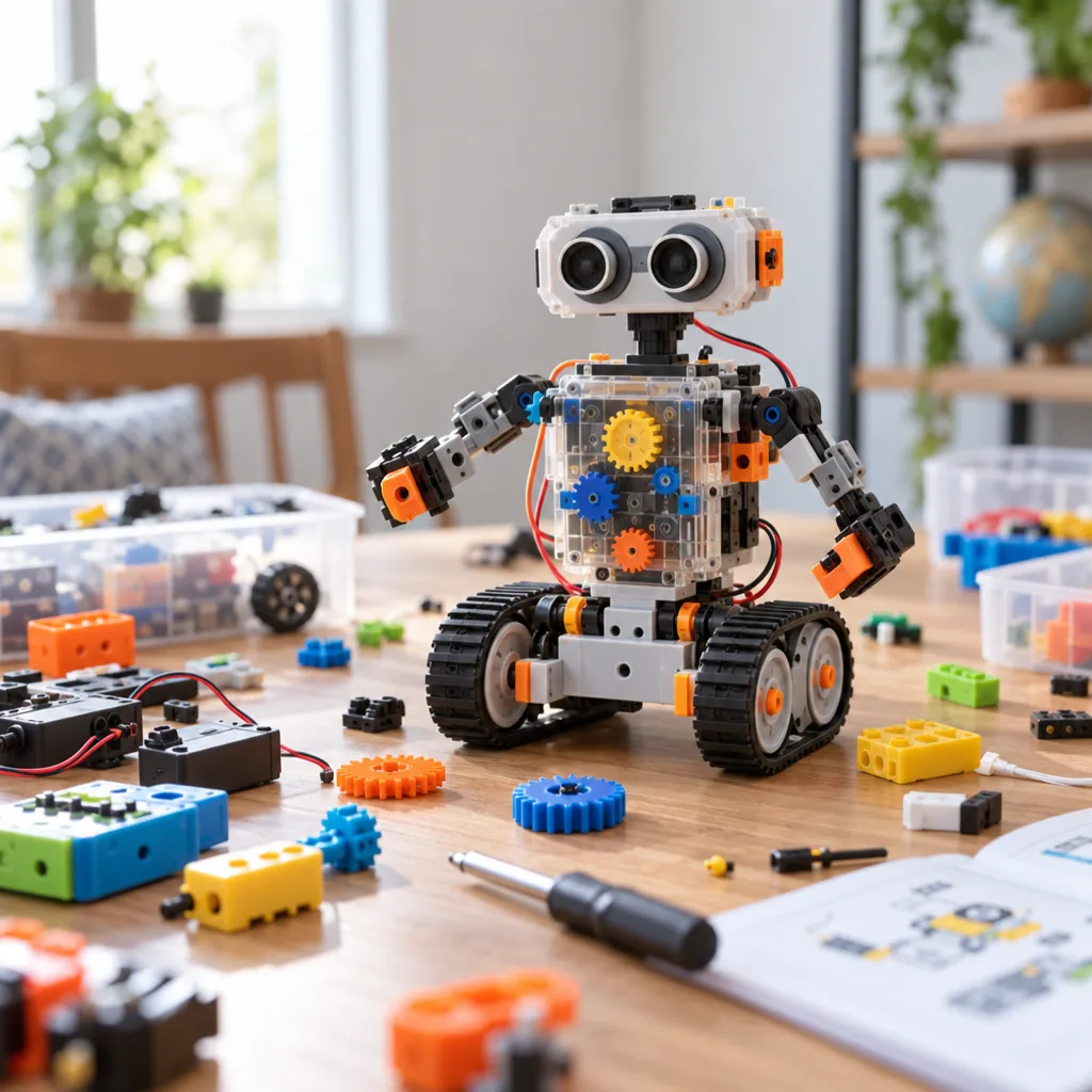 Illustration of a toy robot kit and building components