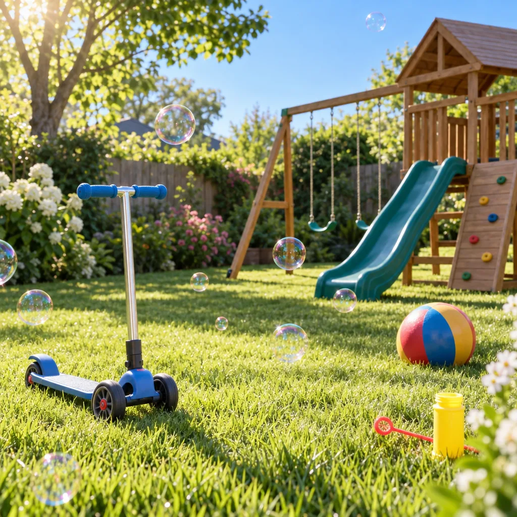 Illustration of outdoor play equipment in a sunny yard