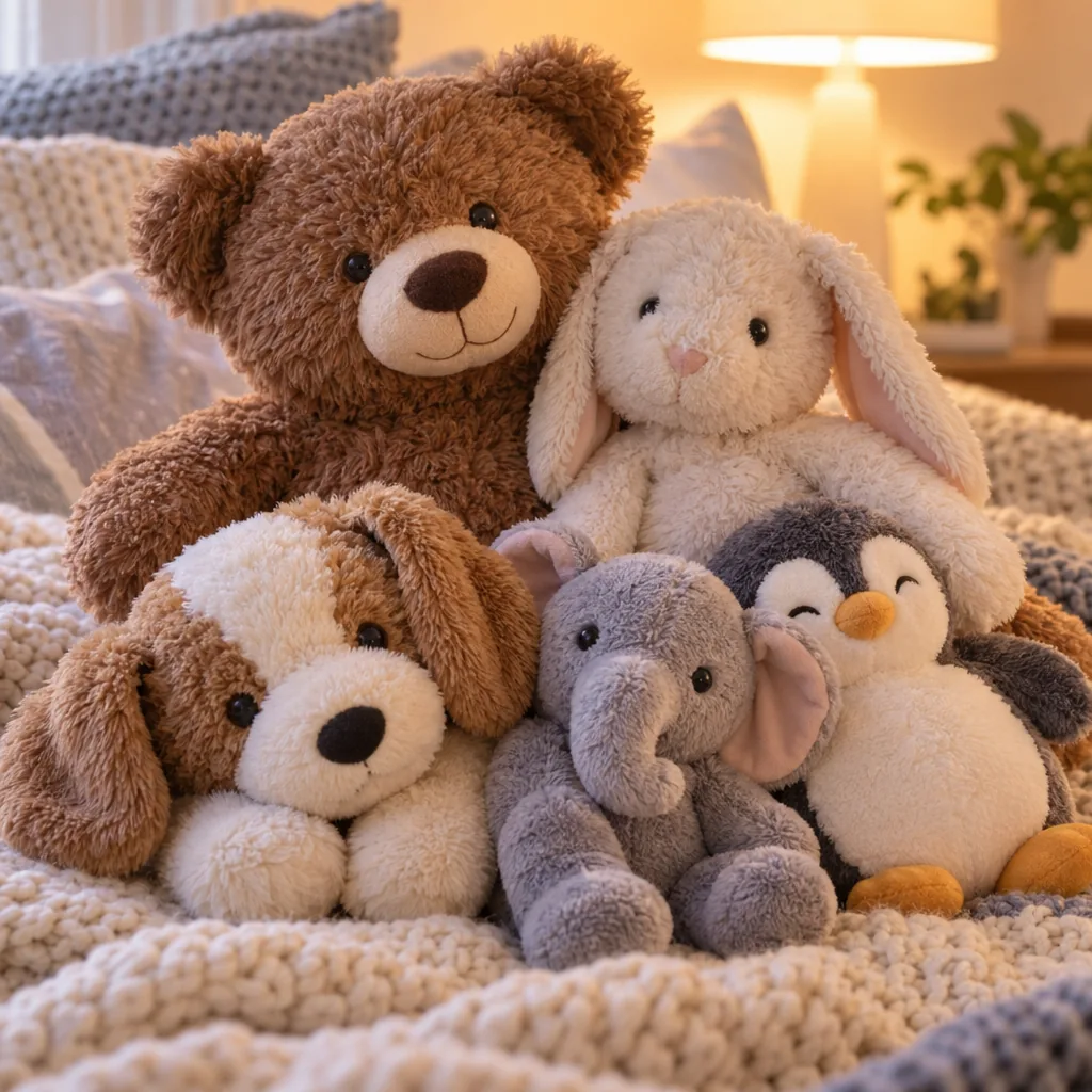 Illustration of soft plush stuffed animals in a pile