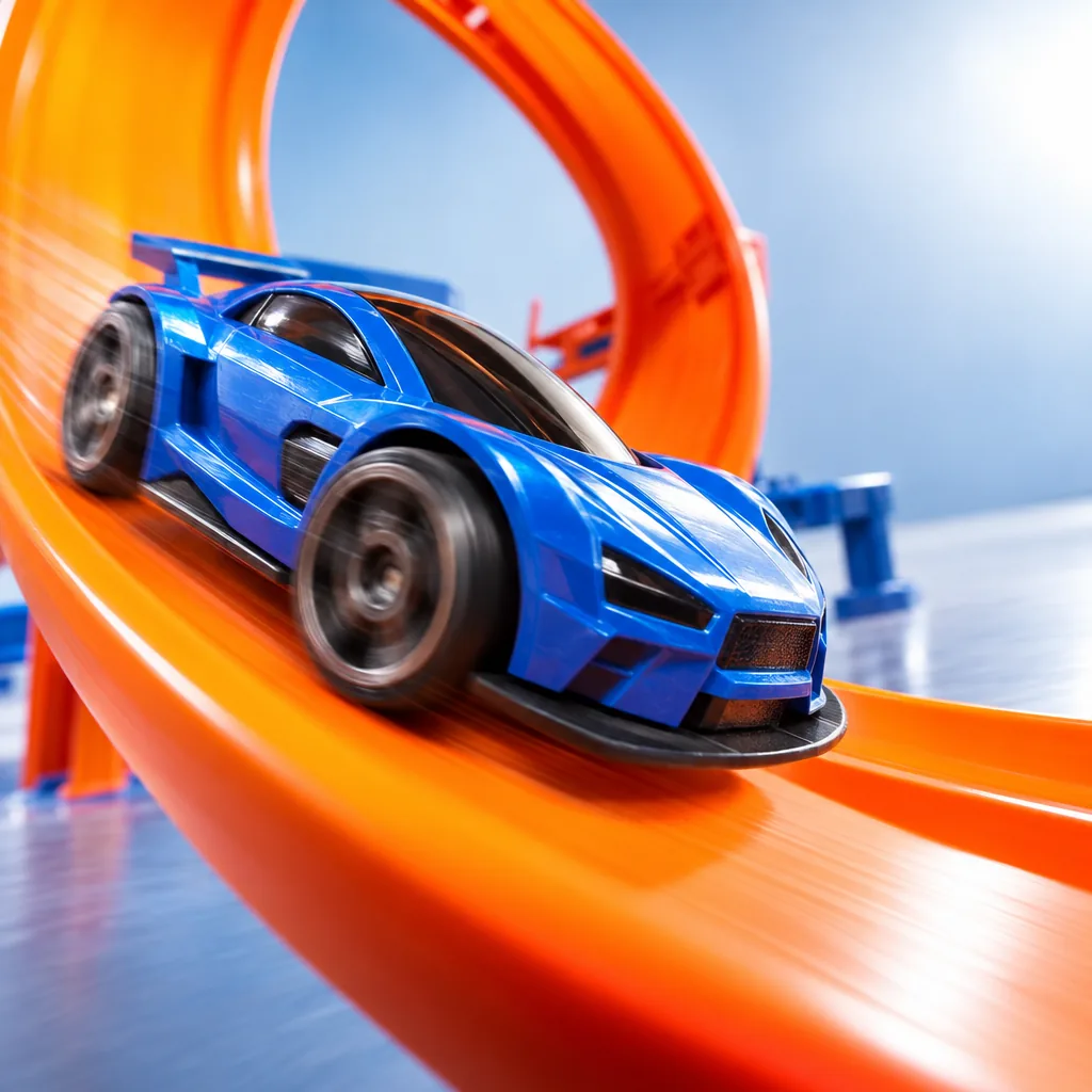 Illustration of toy cars on a colorful loop track