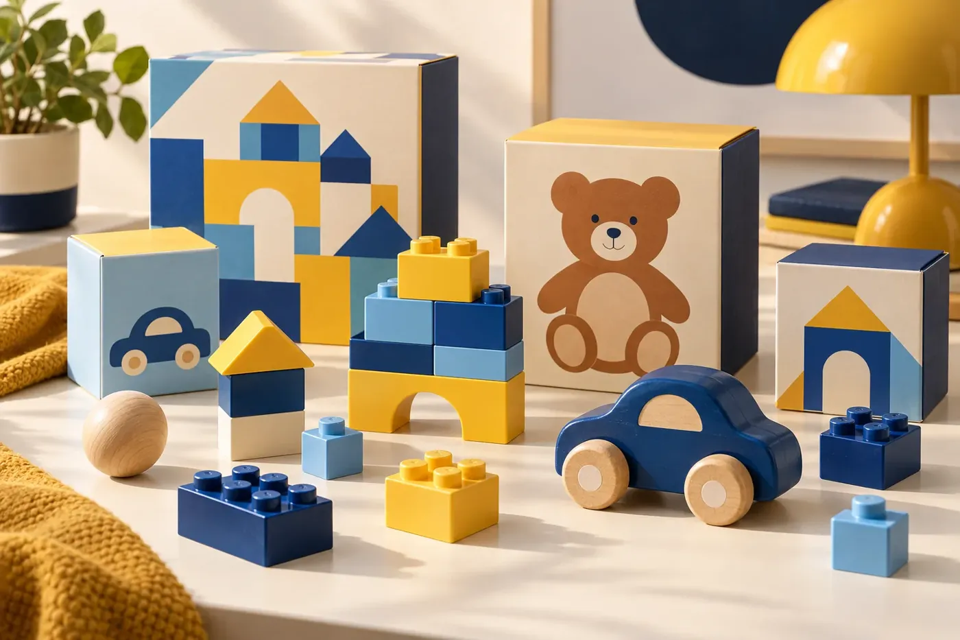 Illustration of a colorful shelf of toys in a playroom